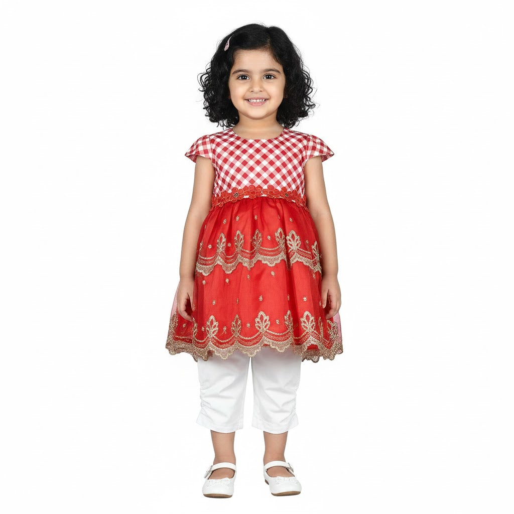 Red Embroidered Frock with White Pajama for Baby Girls