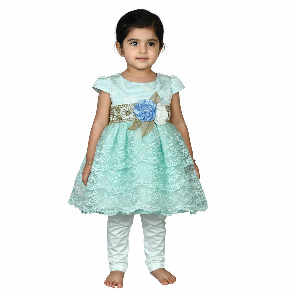 Ferozi Net Frock with Golden Belt & White Pajama for Baby Girls