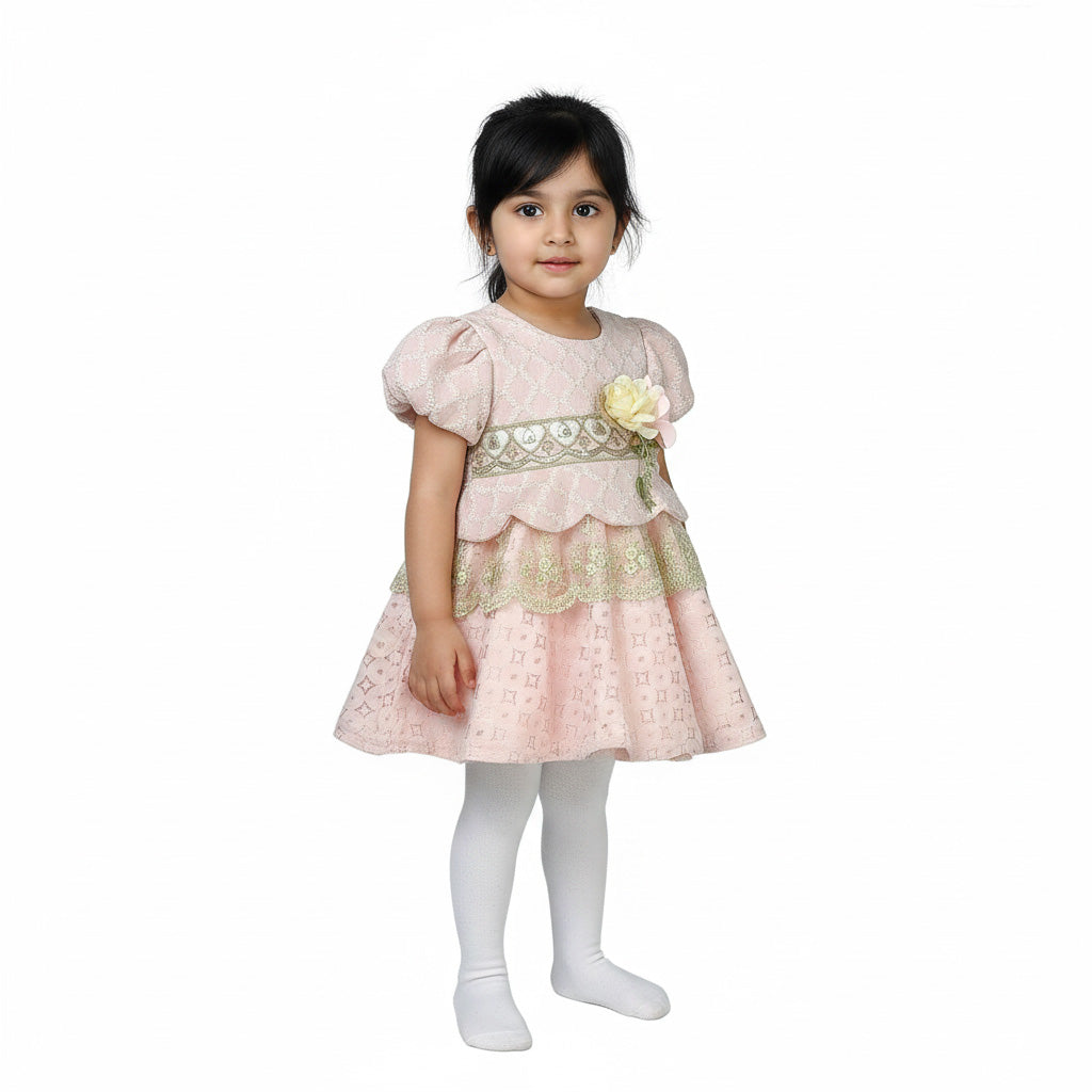 Elegant Baby Girl Pink and white  Lace Frock with Floral Waist Design