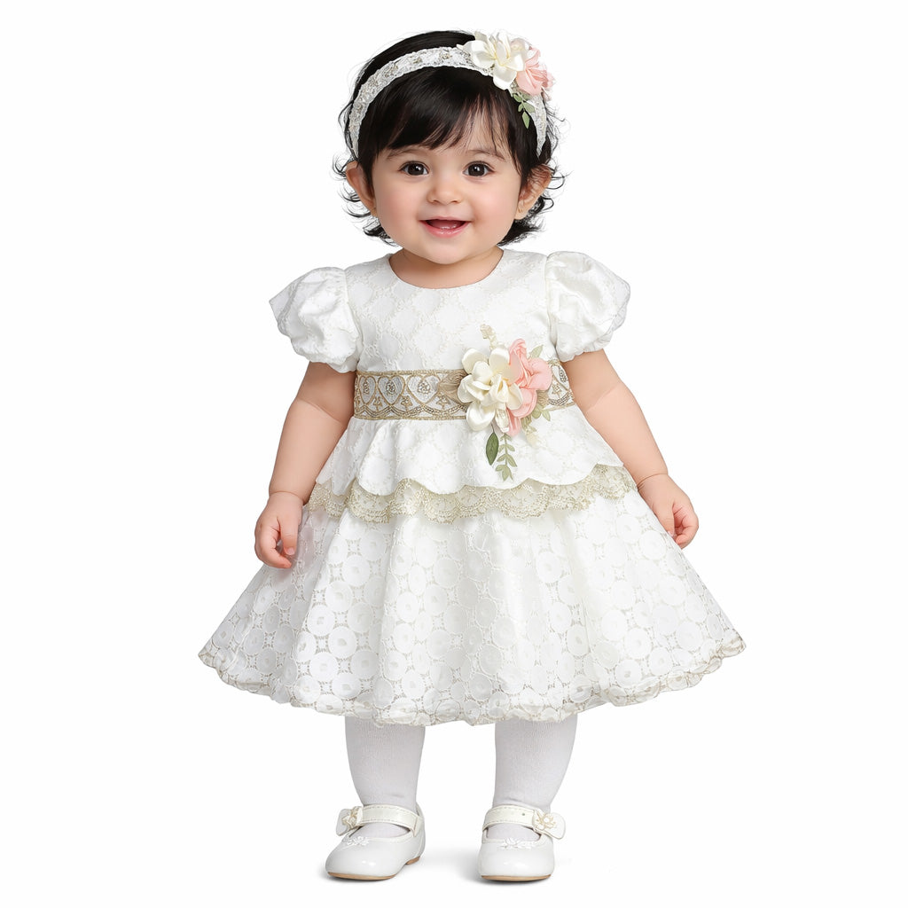 Elegant Baby Girl Pink and white  Lace Frock with Floral Waist Design