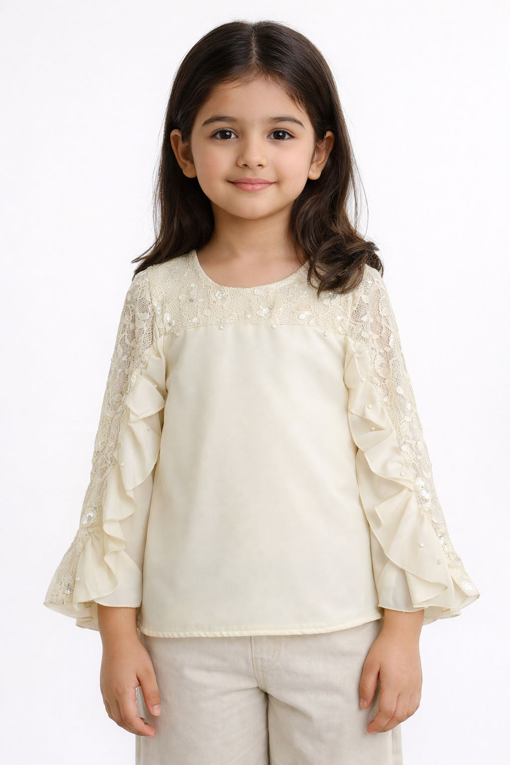 Girls Fancy Lace Top | With Pearl Detail & Ruffle Sleeves