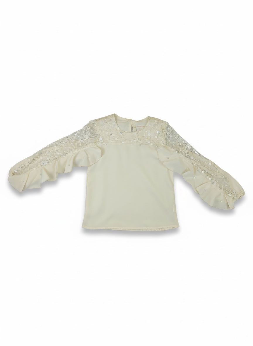 Girls Fancy Lace Top | With Pearl Detail & Ruffle Sleeves