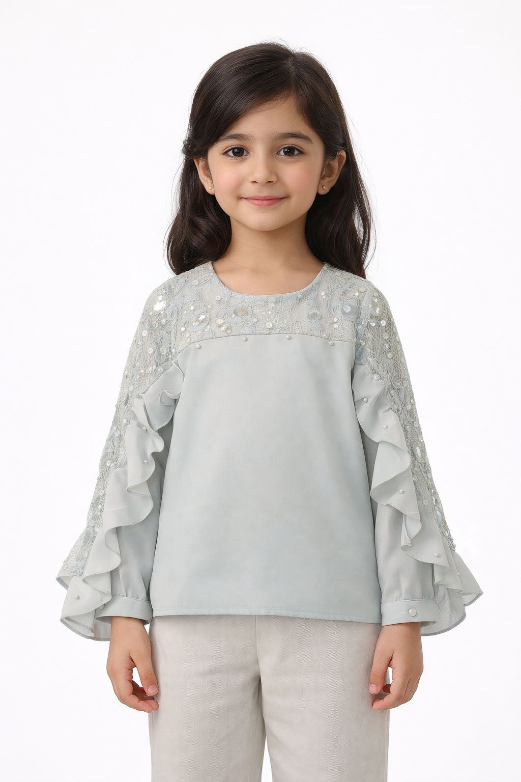 Girls Fancy Lace Top | With Pearl Detail & Ruffle Sleeves
