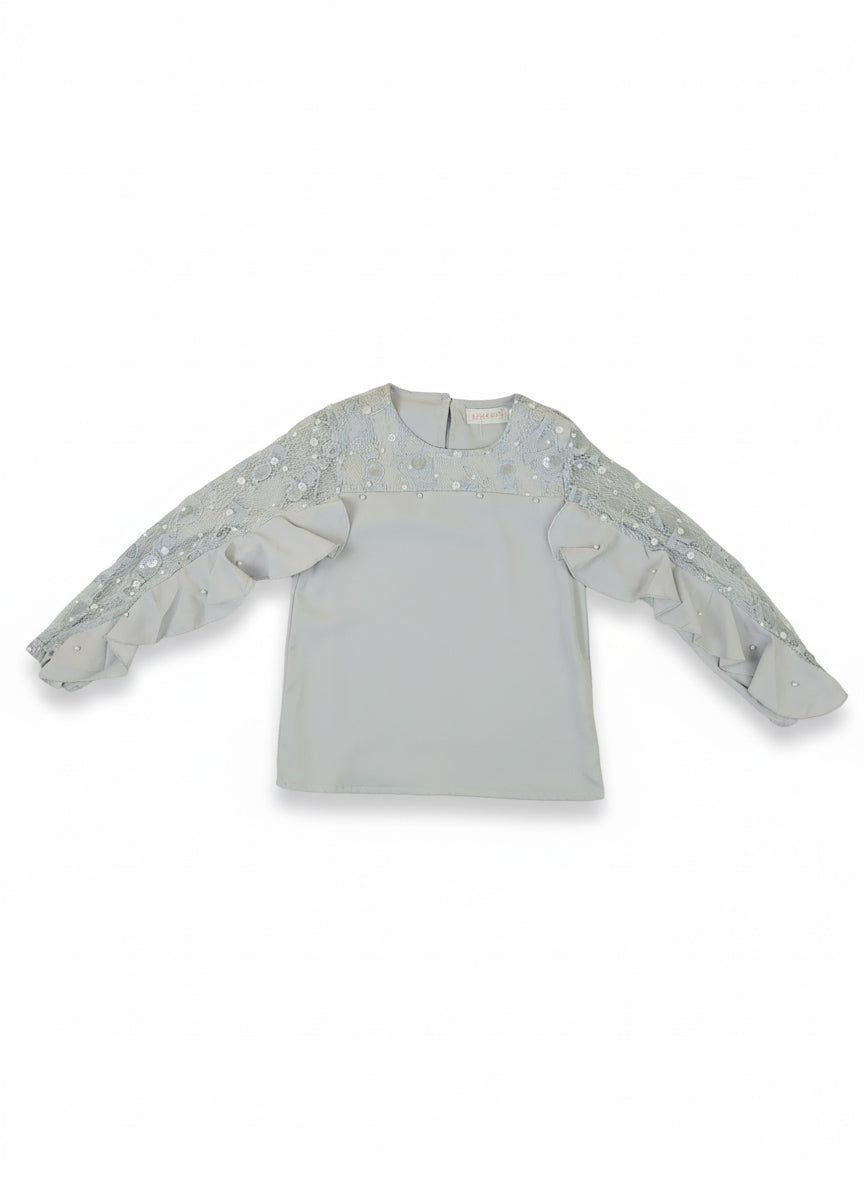 Girls Fancy Lace Top | With Pearl Detail & Ruffle Sleeves