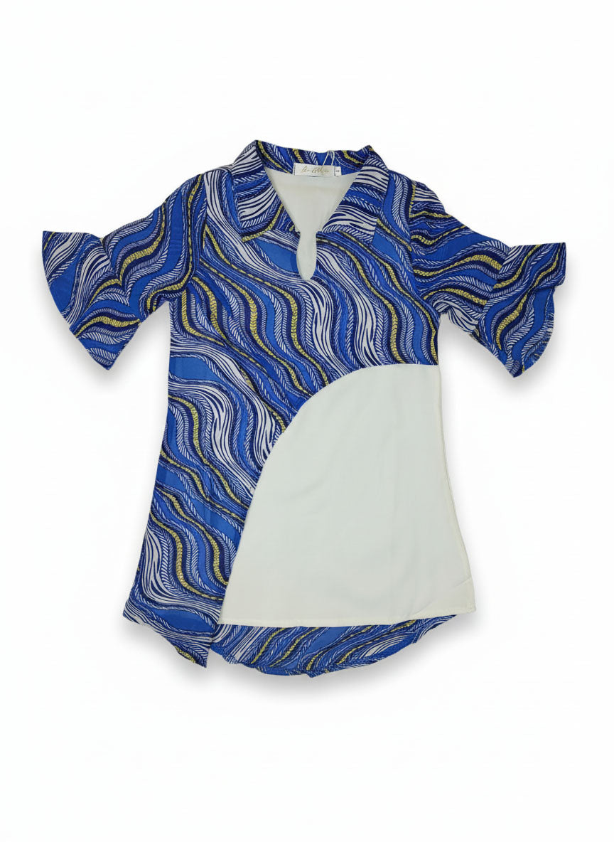 Women’s Abstract Print Asymmetrical Top – Red & Blue Casual Shirt