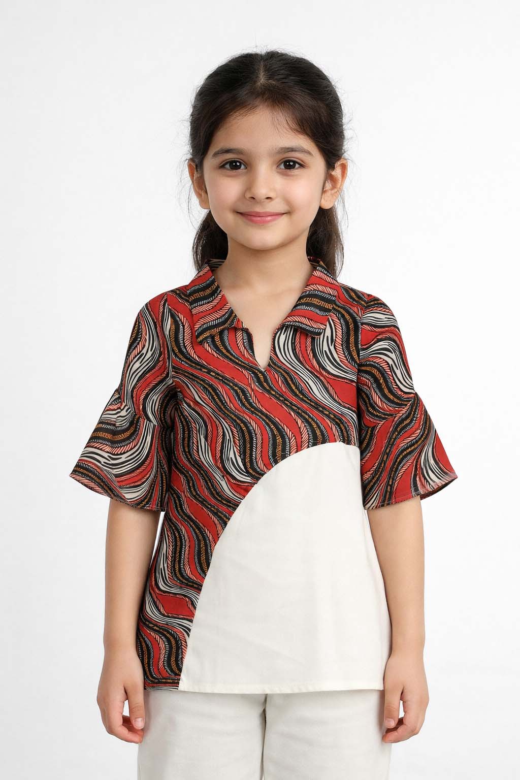 Women’s Abstract Print Asymmetrical Top – Red & Blue Casual Shirt