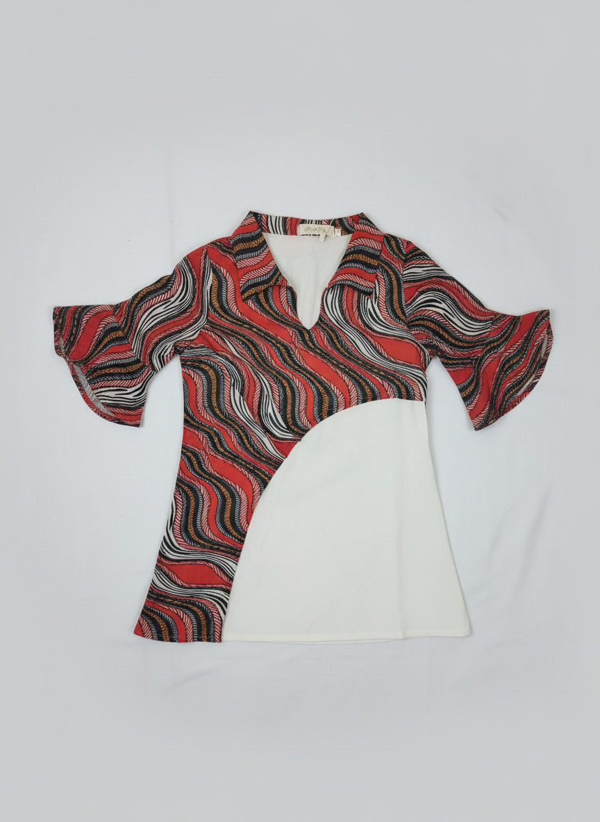 Women’s Abstract Print Asymmetrical Top – Red & Blue Casual Shirt