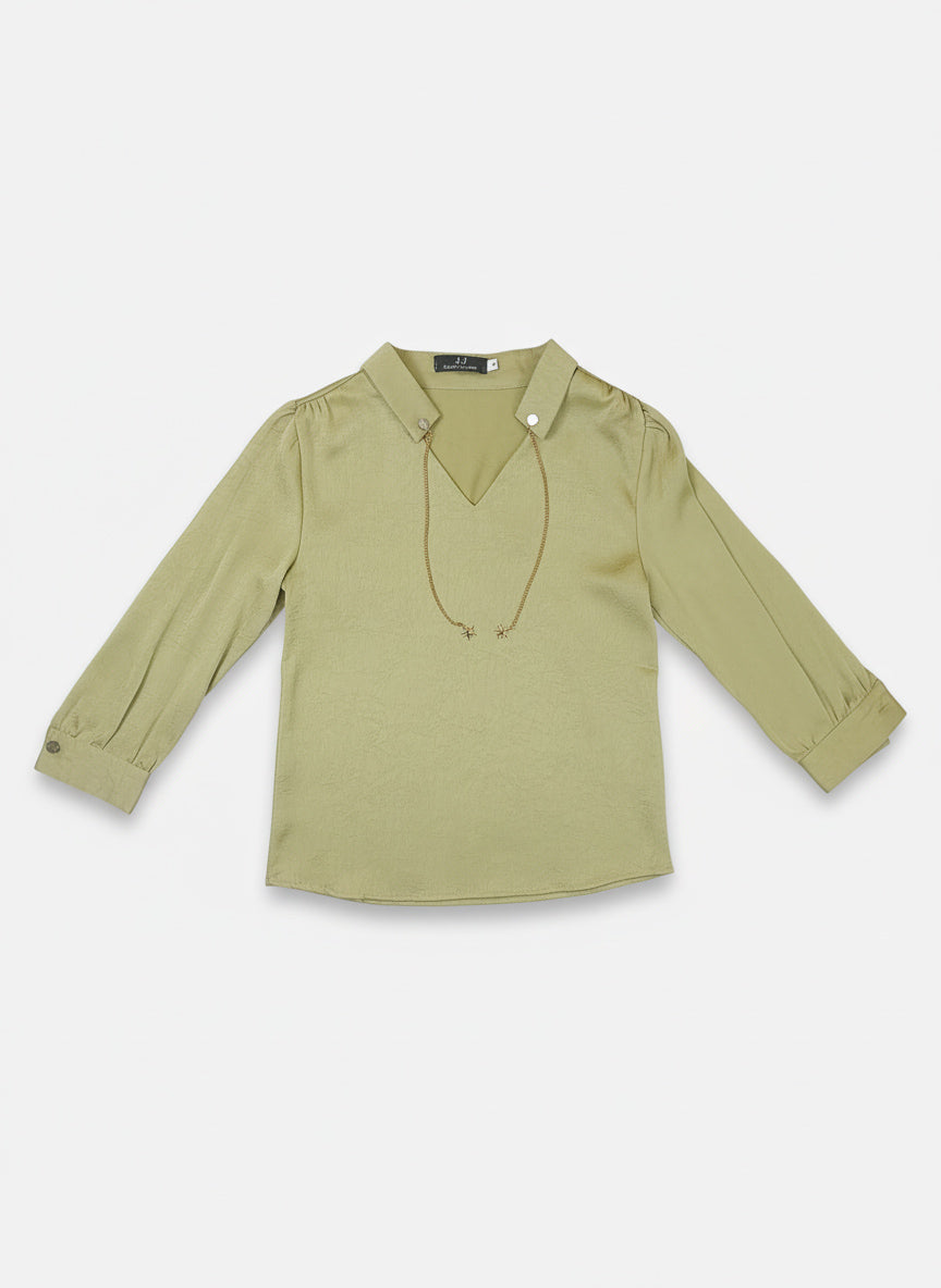 Women’s Solid V-Neck Top with Button Collar | Casual Shirt