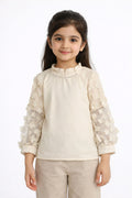 Girls Ivory Blouse with 3D Floral Sheer Sleeves | Elegant Long Sleeve Party Top