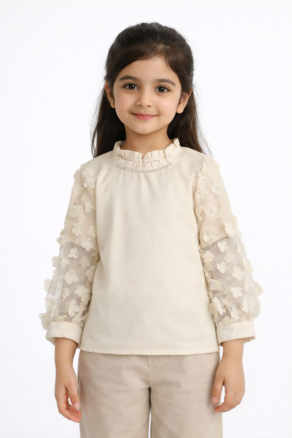 Girls Ivory Blouse with 3D Floral Sheer Sleeves | Elegant Long Sleeve Party Top