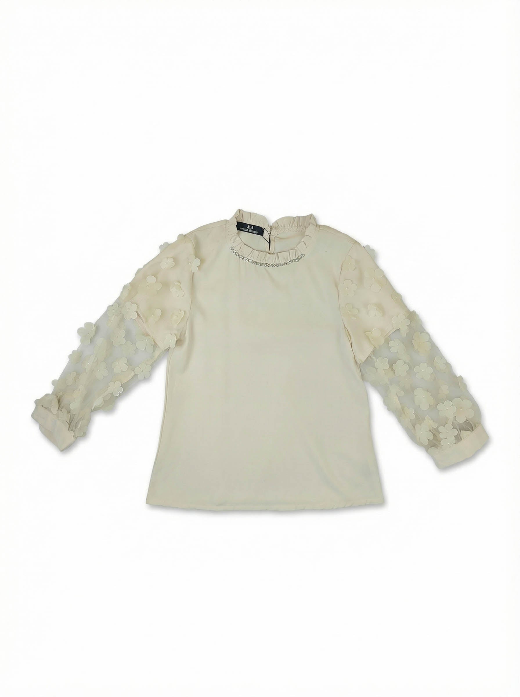 Girls Ivory Blouse with 3D Floral Sheer Sleeves | Elegant Long Sleeve Party Top