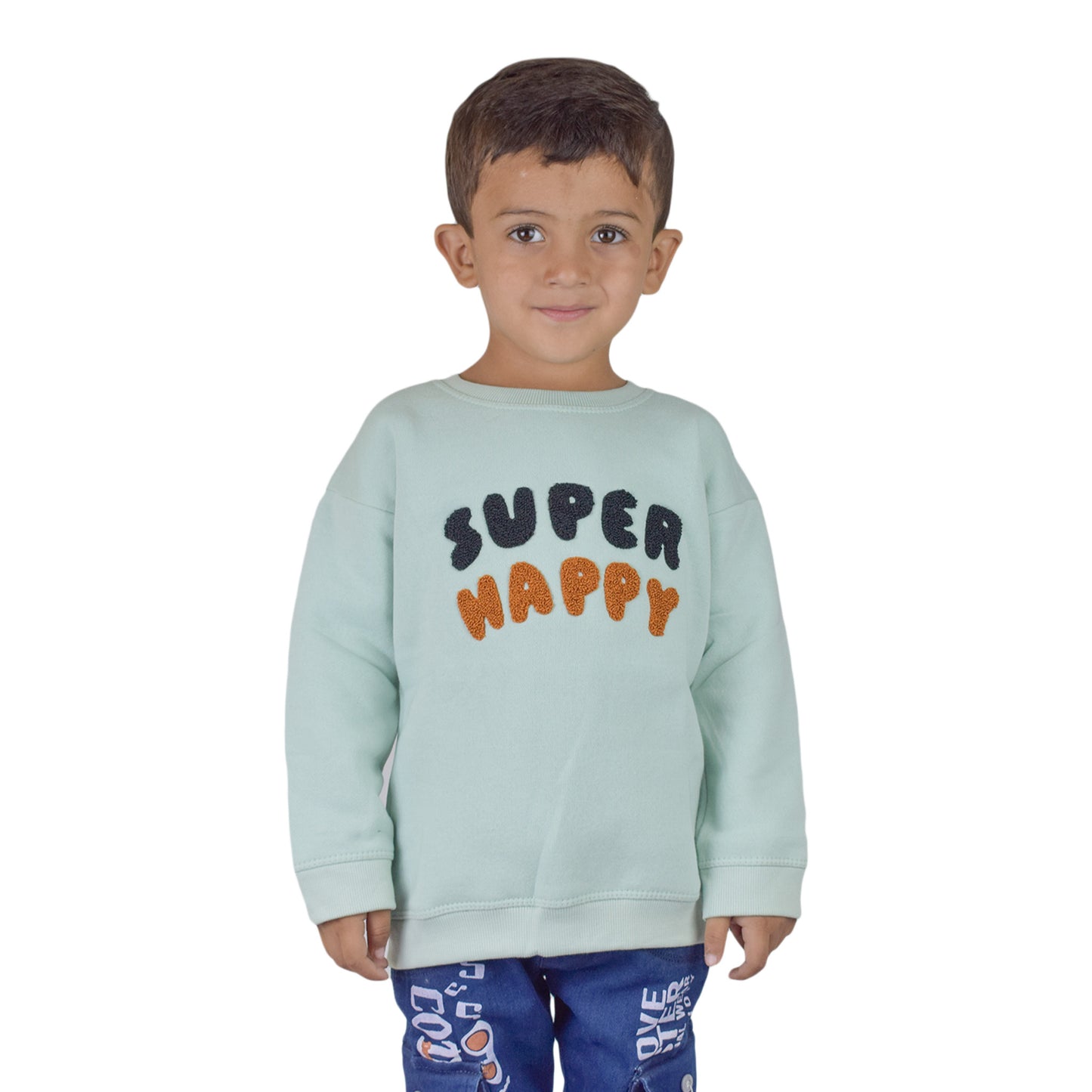Kids “Super Happy” Unisex Sweatshirt – Soft Mint Green