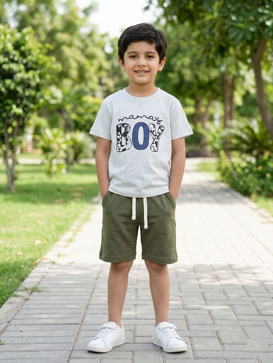 Mama’s Boy Boys Grey Graphic T-Shirt & Olive Green Shorts Set – Summer Cotton Outfit for Kids
