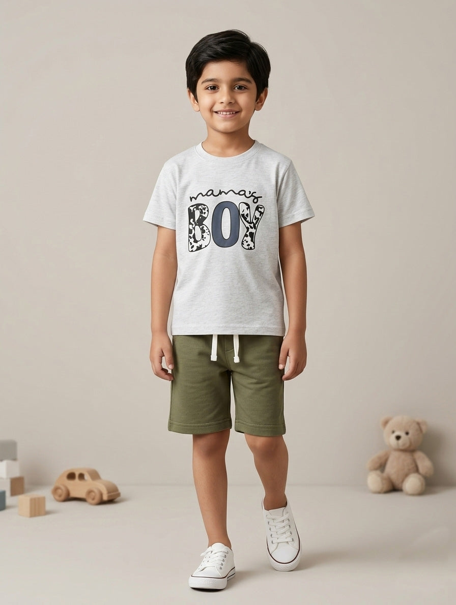 Mama’s Boy Boys Grey Graphic T-Shirt & Olive Green Shorts Set – Summer Cotton Outfit for Kids
