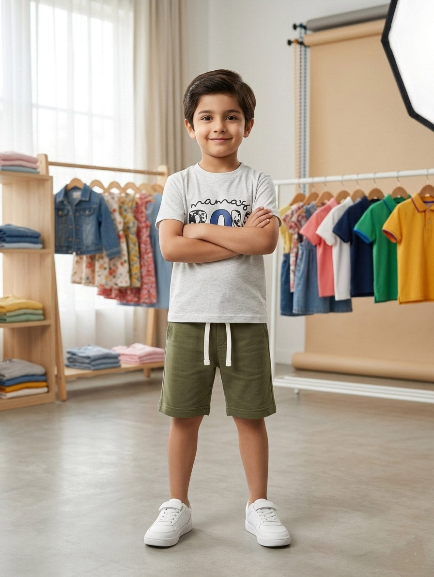 Mama’s Boy Boys Grey Graphic T-Shirt & Olive Green Shorts Set – Summer Cotton Outfit for Kids
