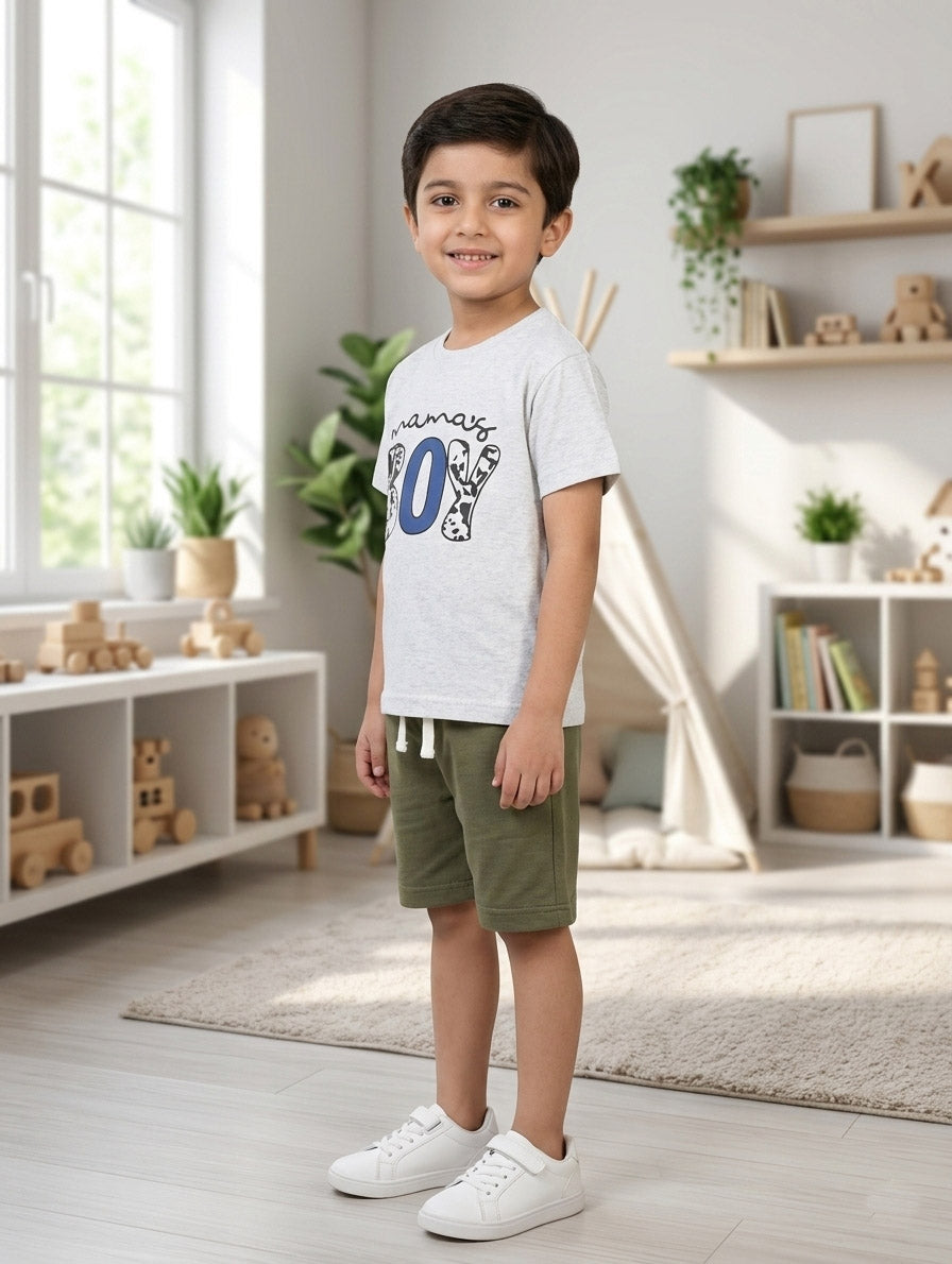 Mama’s Boy Boys Grey Graphic T-Shirt & Olive Green Shorts Set – Summer Cotton Outfit for Kids