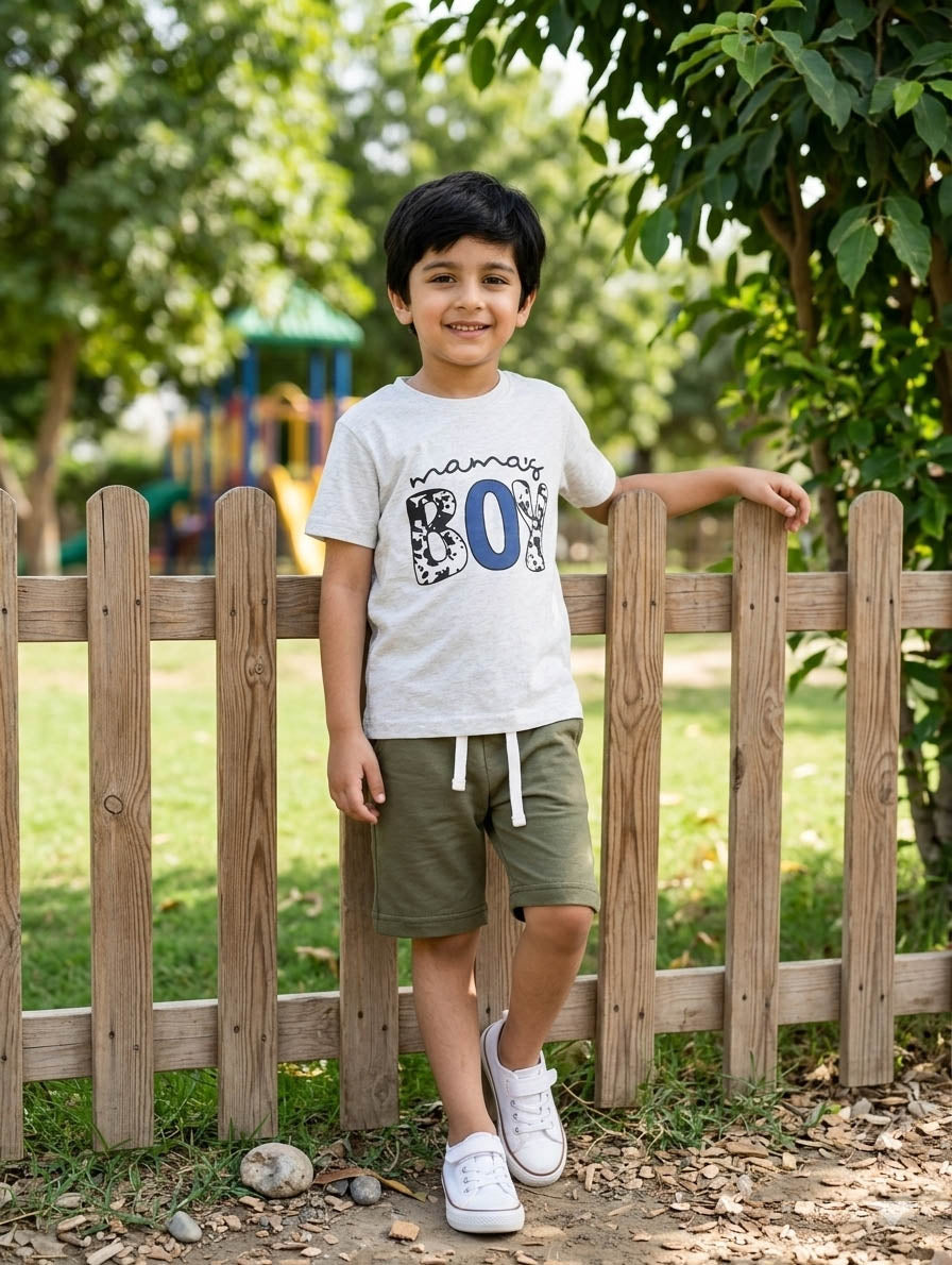 Mama’s Boy Boys Grey Graphic T-Shirt & Olive Green Shorts Set – Summer Cotton Outfit for Kids
