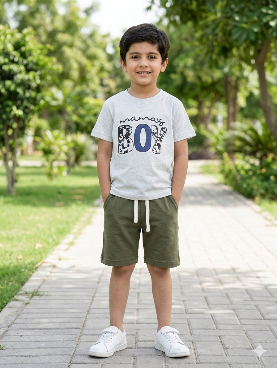 Mama’s Boy Boys Grey Graphic T-Shirt & Olive Green Shorts Set – Summer Cotton Outfit for Kids