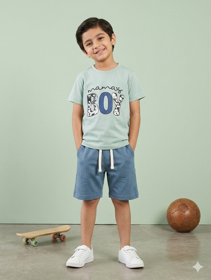 Mama’s Boy Kids Green Graphic T-Shirt & Blue Shorts Set – Comfortable Summer Cotton Outfit for Boys