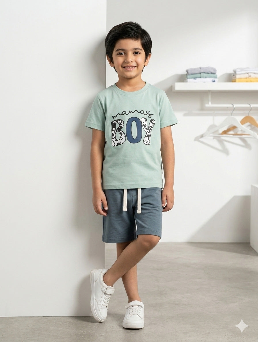 Mama’s Boy Kids Green Graphic T-Shirt & Blue Shorts Set – Comfortable Summer Cotton Outfit for Boys