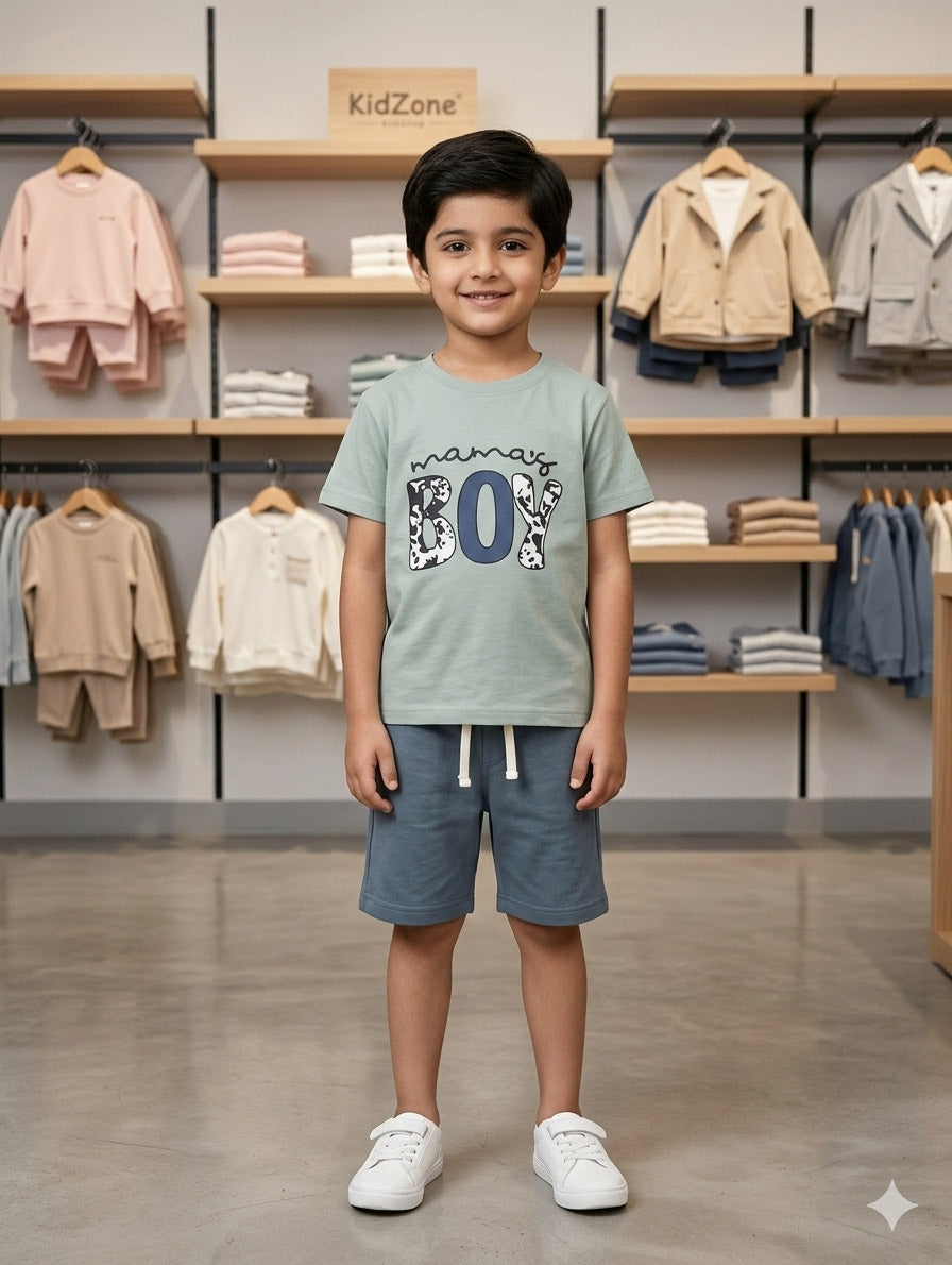 Mama’s Boy Kids Green Graphic T-Shirt & Blue Shorts Set – Comfortable Summer Cotton Outfit for Boys