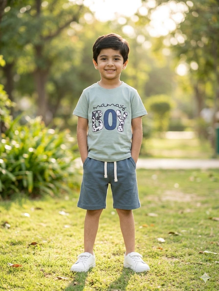 Mama’s Boy Kids Green Graphic T-Shirt & Blue Shorts Set – Comfortable Summer Cotton Outfit for Boys