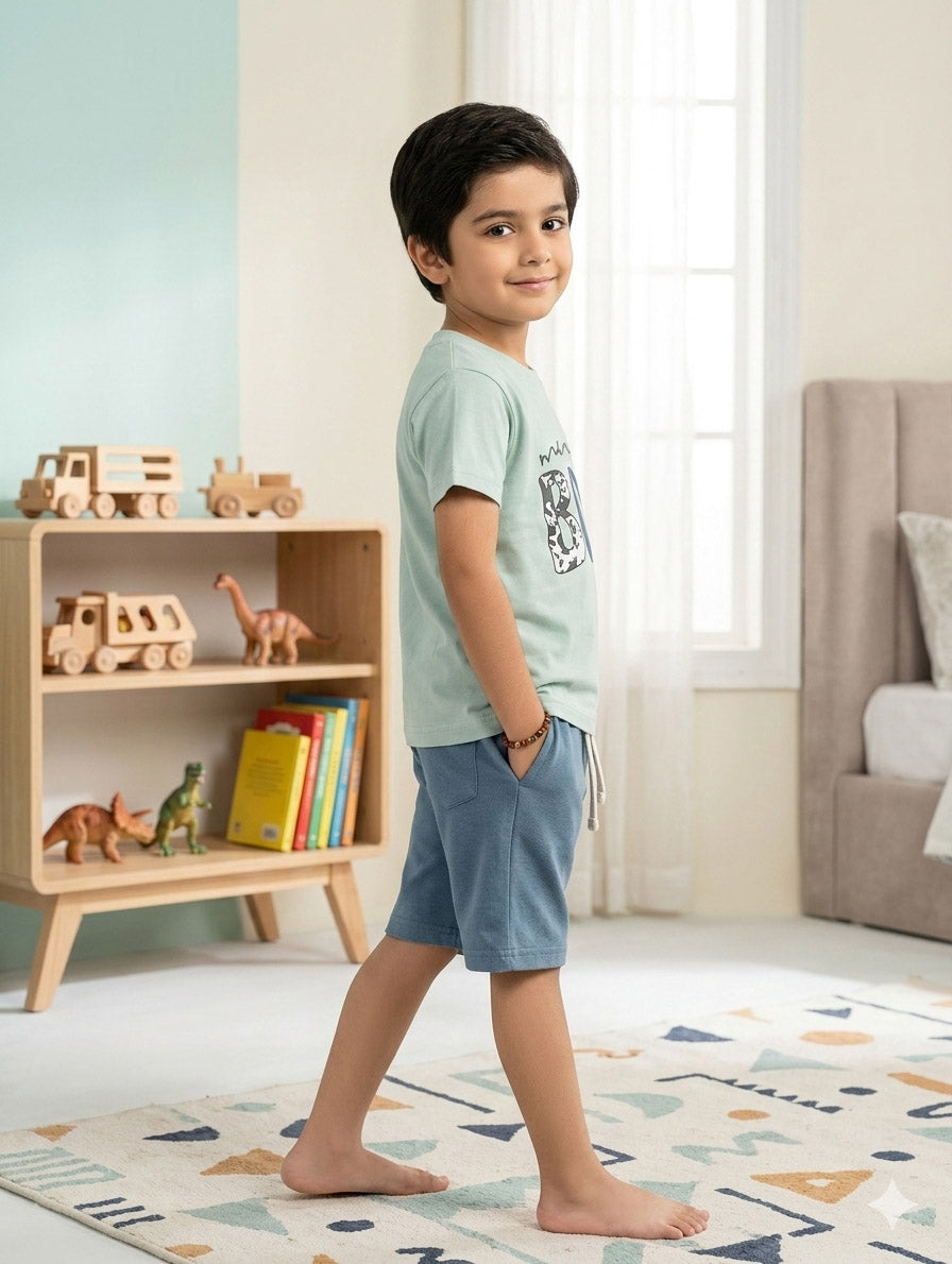 Mama’s Boy Kids Green Graphic T-Shirt & Blue Shorts Set – Comfortable Summer Cotton Outfit for Boys
