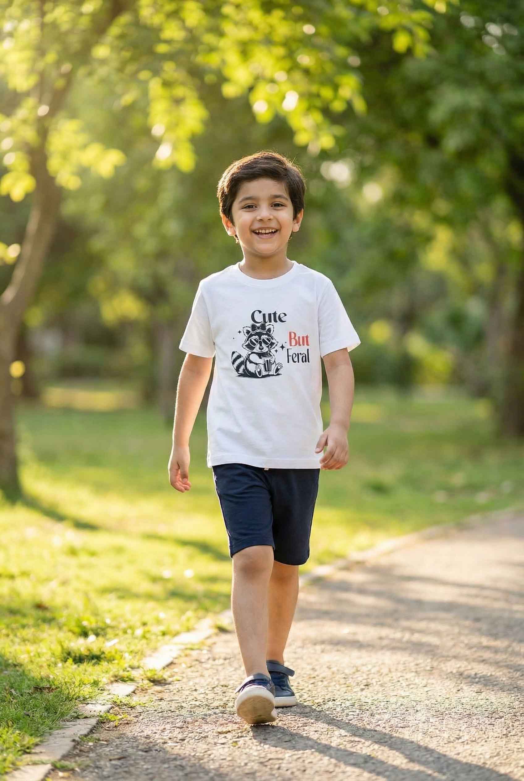 Cute But Feral Boys White Graphic T-Shirt & Navy Shorts Set – Summer Cotton Outfit for Kids