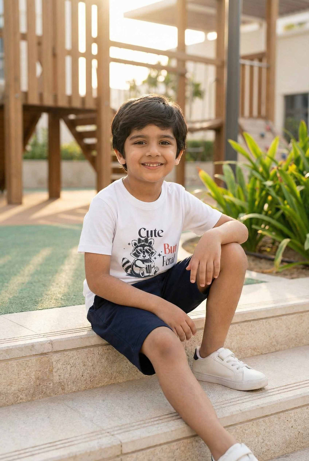 Cute But Feral Boys White Graphic T-Shirt & Navy Shorts Set – Summer Cotton Outfit for Kids