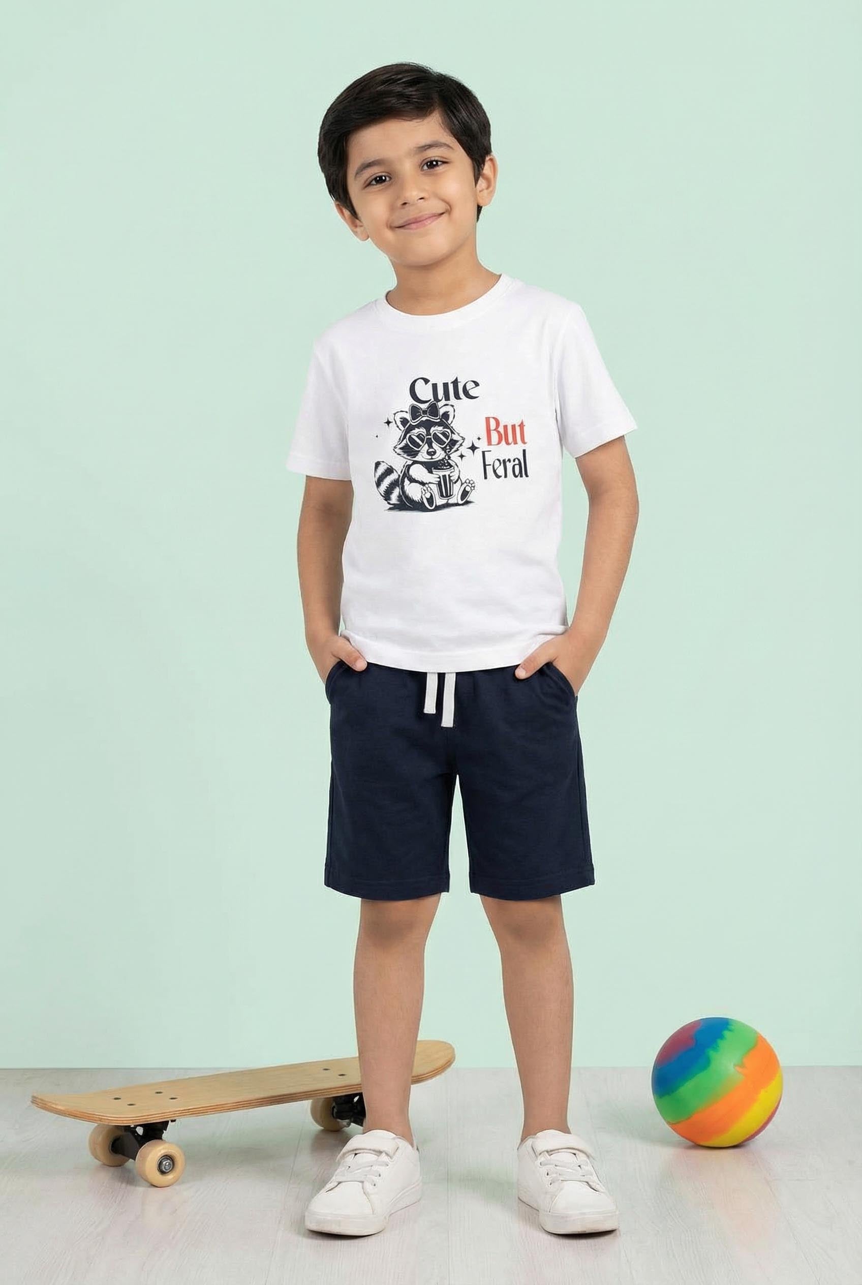 Cute But Feral Boys White Graphic T-Shirt & Navy Shorts Set – Summer Cotton Outfit for Kids
