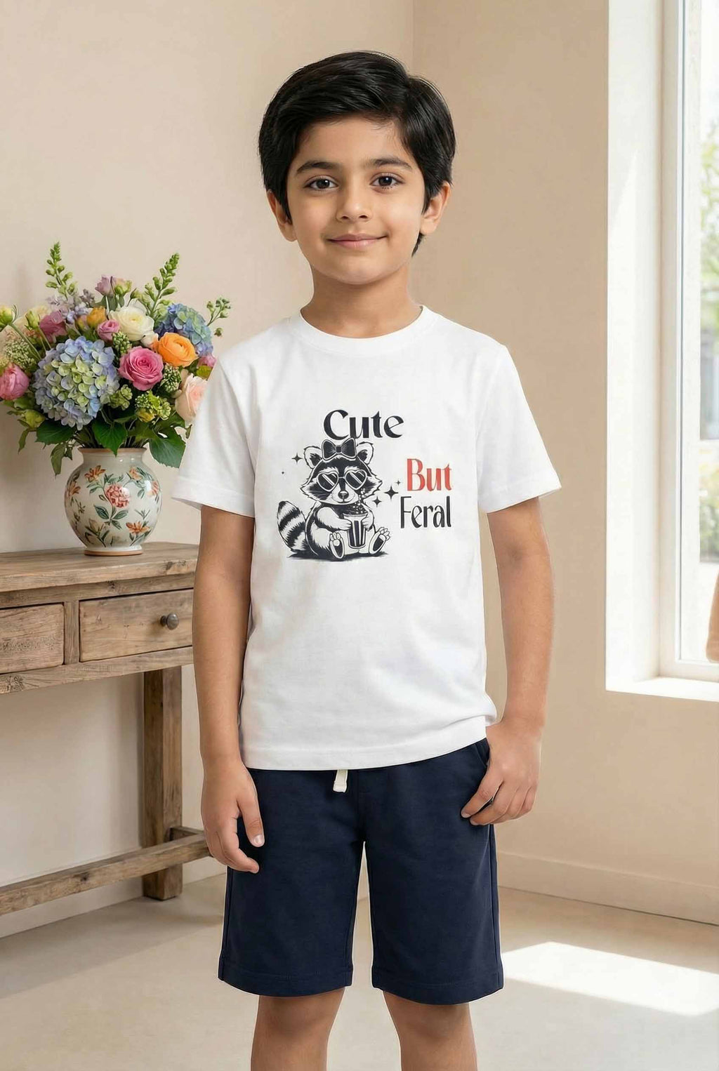 Cute But Feral Boys White Graphic T-Shirt & Navy Shorts Set – Summer Cotton Outfit for Kids