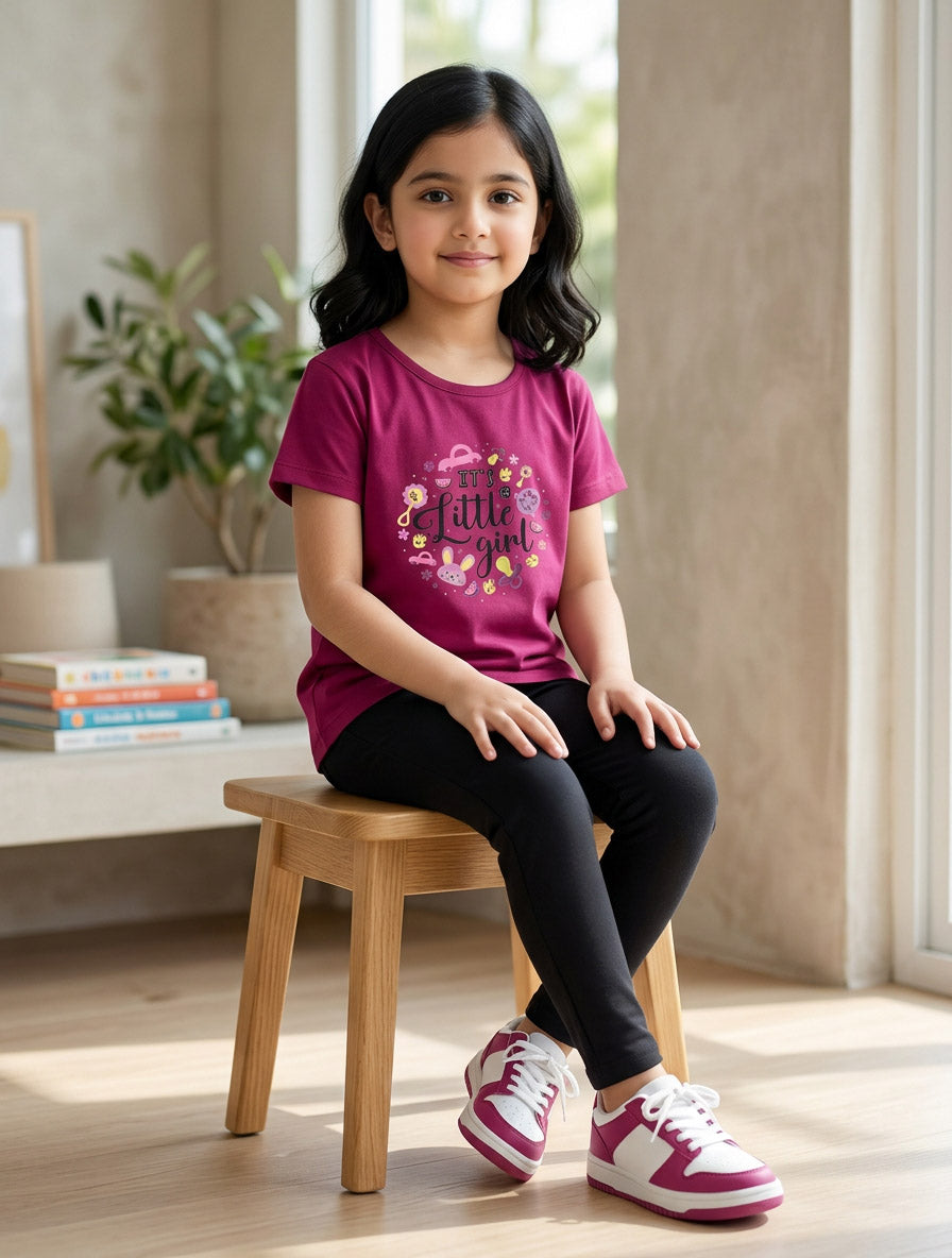 Girls Maroon "It's Little Girl" suit | Soft Cotton Casual suit for Girls