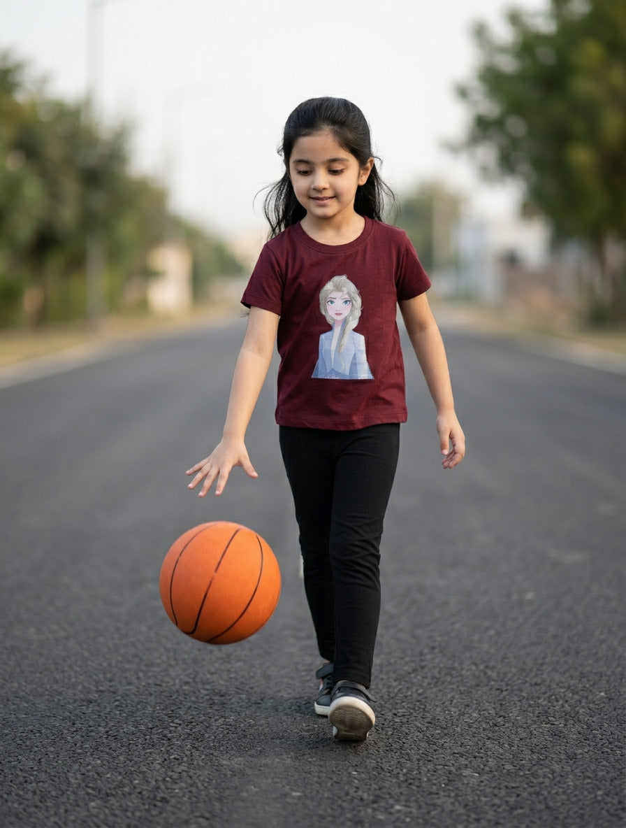 Girls Maroon Elsa Printed T-Shirt – Soft Cotton Casual Set for Girls