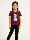 Girls Maroon Elsa Printed T-Shirt – Soft Cotton Casual Set for Girls