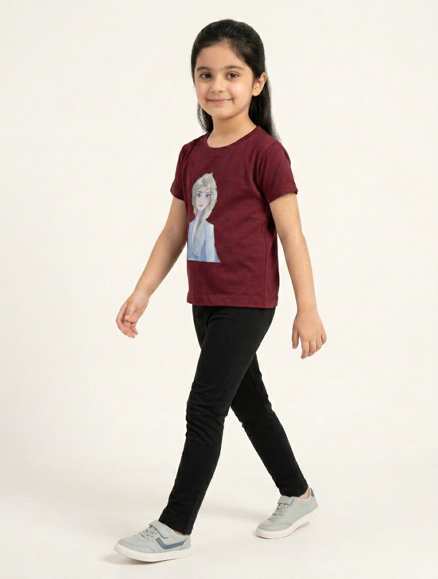Girls Maroon Elsa Printed T-Shirt – Soft Cotton Casual Set for Girls