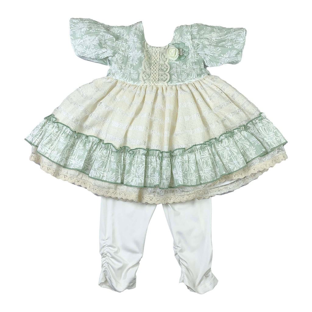 Light Green & Golden White Baby Girl Frock with White Pajama