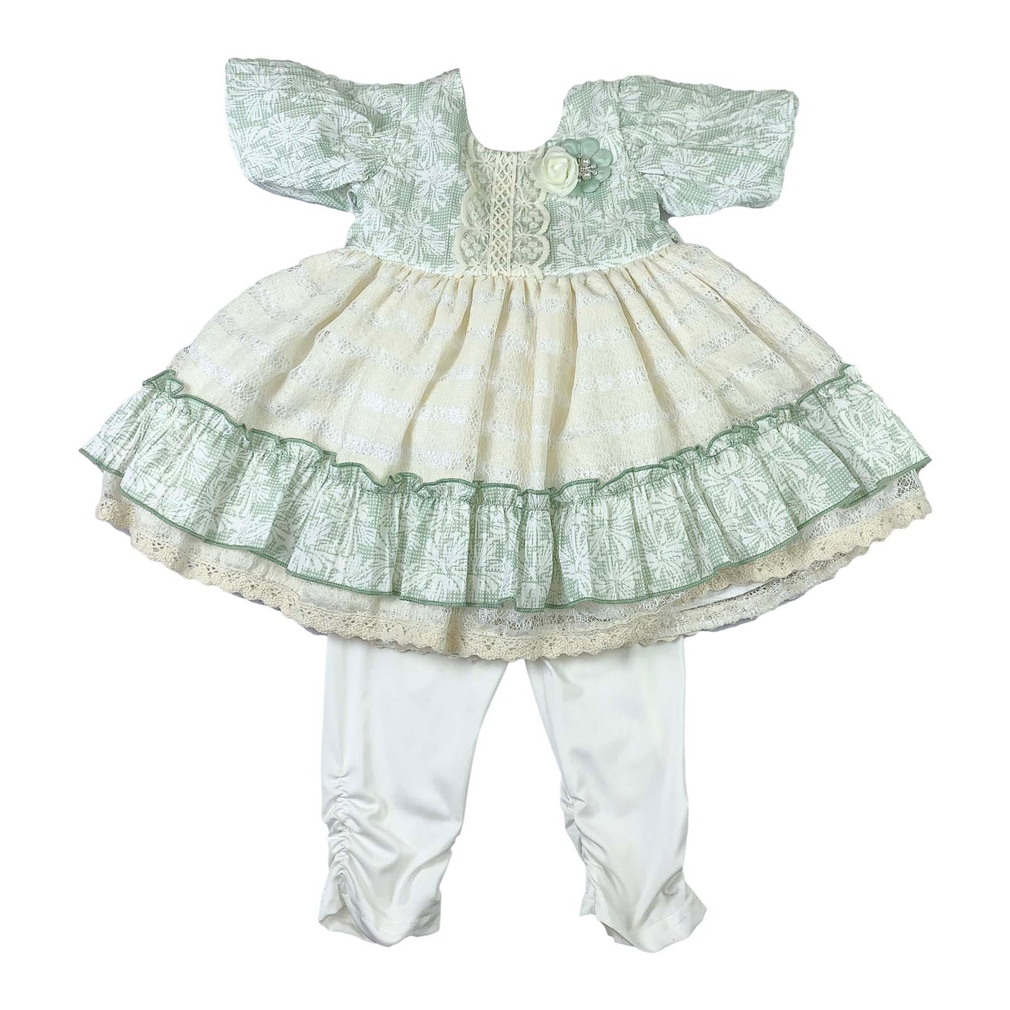 Light Green & Golden White Baby Girl Frock with White Pajama