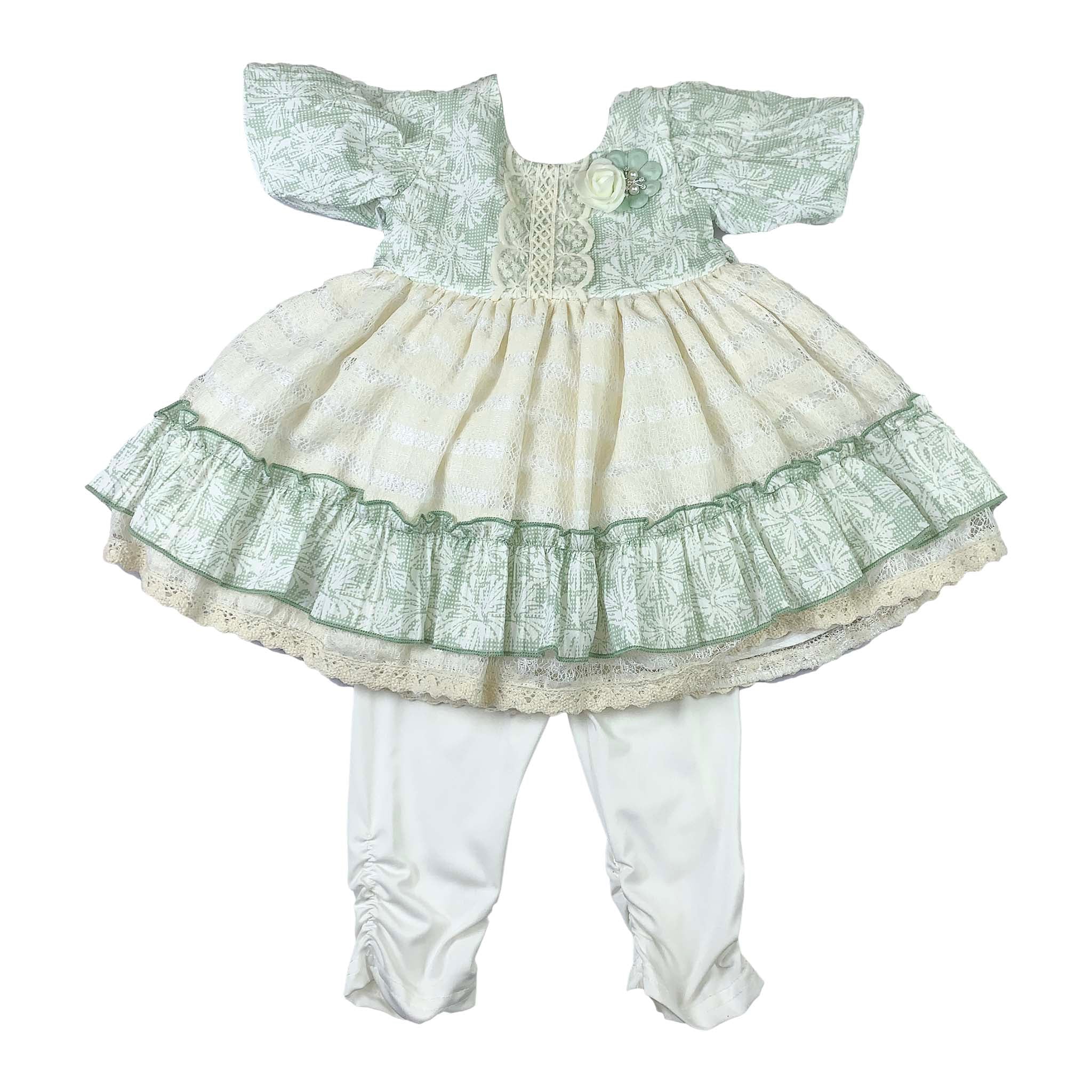 Light Green & Golden White Baby Girl Frock with White Pajama