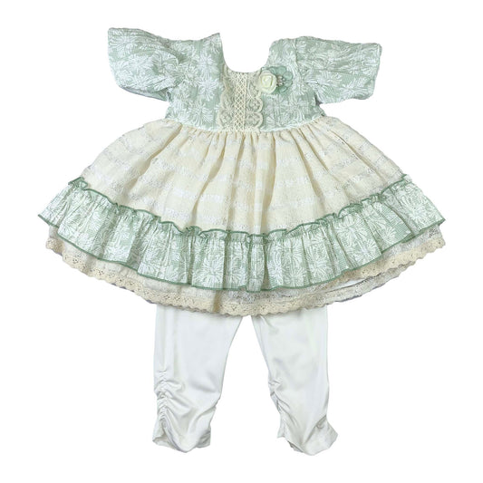 Light Green & Golden White Baby Girl Frock with White Pajama