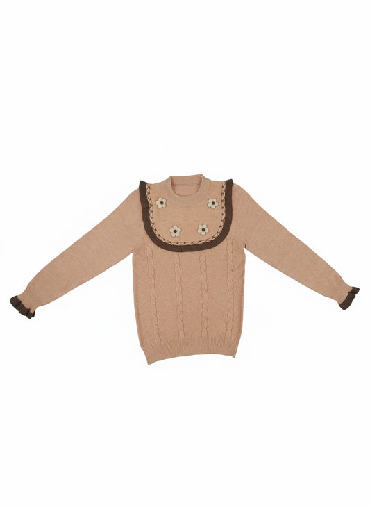 Light Pink Knit Sweater for Girls | Floral Detail Winter Top