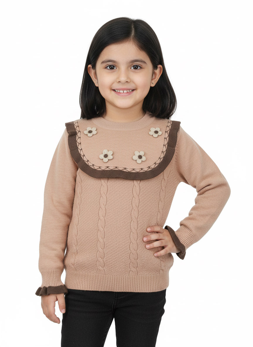 Light Pink Knit Sweater for Girls | Floral Detail Winter Top
