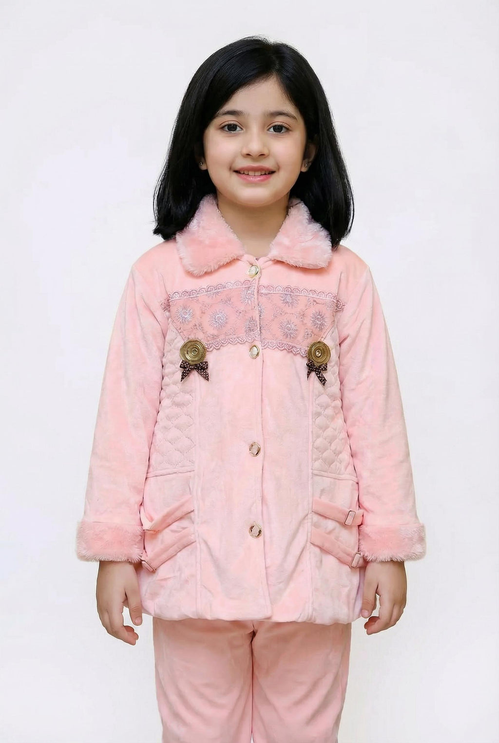 Light Pink Velvet Girls Winter Suit with Faux Fur Collar