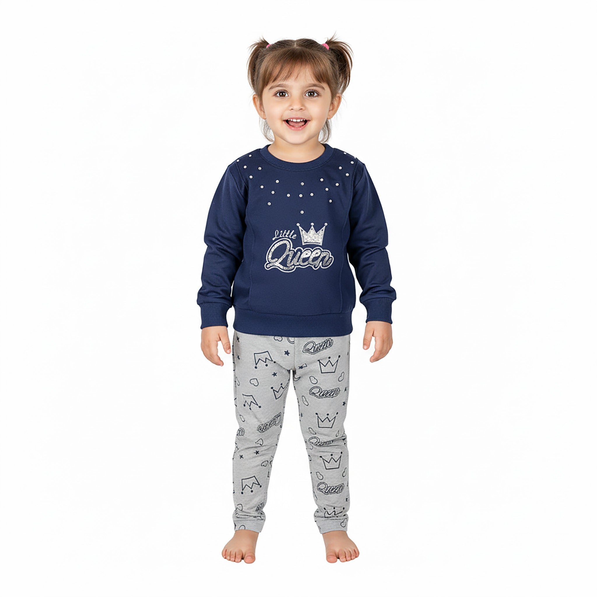 Little Queen Navy Sweatshirt & Grey Printed Trouser Set for Girls