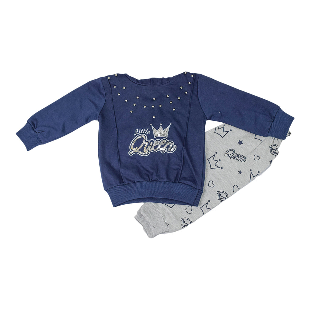 Little Queen Navy Sweatshirt & Grey Printed Trouser Set for Girls
