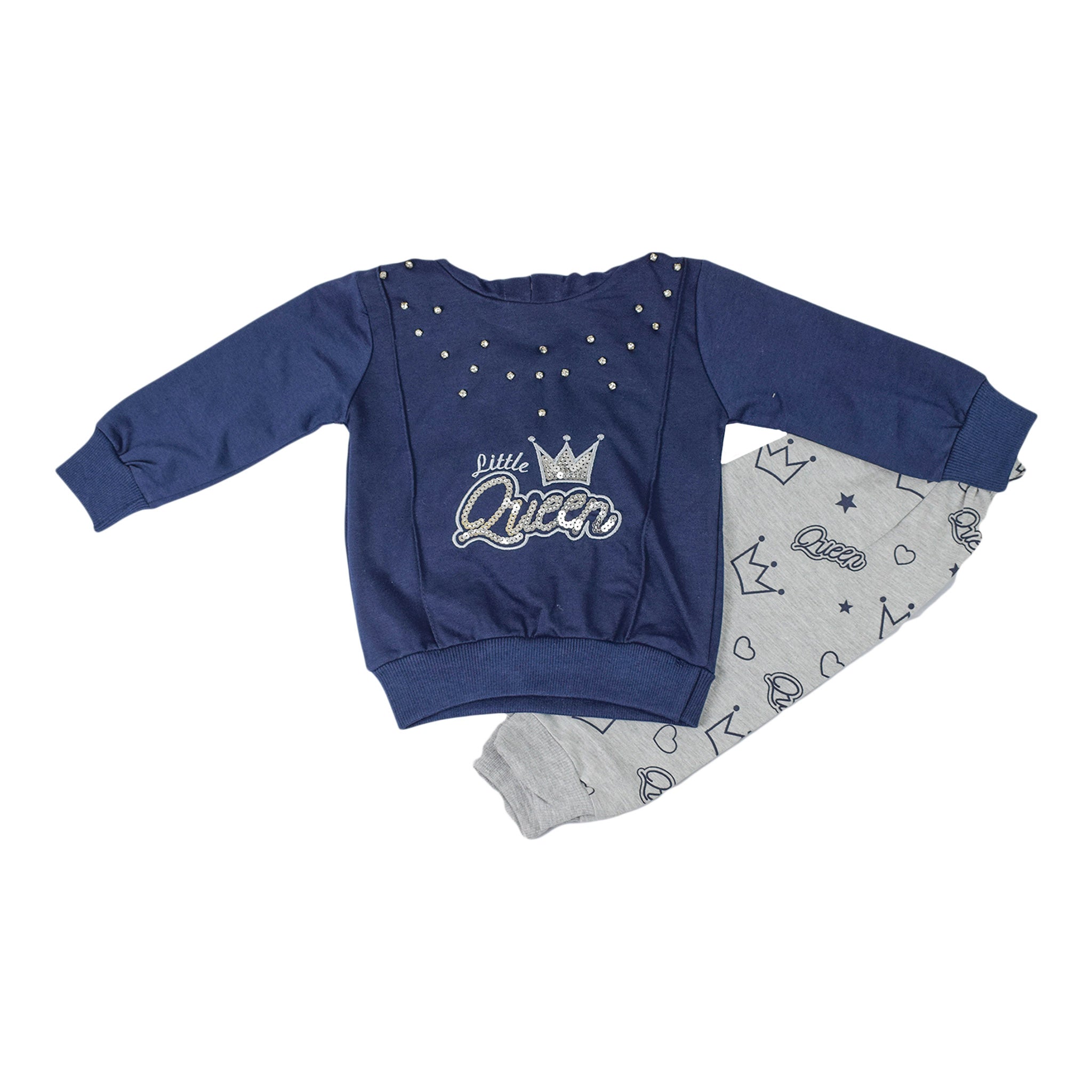 Little Queen Navy Sweatshirt & Grey Printed Trouser Set for Girls