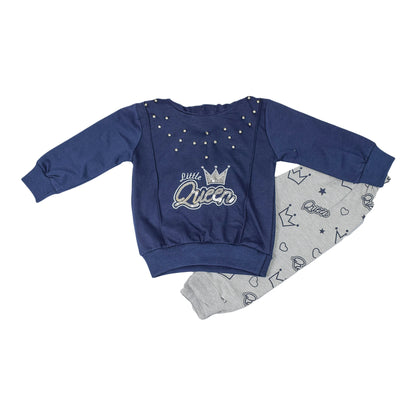 Little Queen Navy Sweatshirt & Grey Printed Trouser Set for Girls
