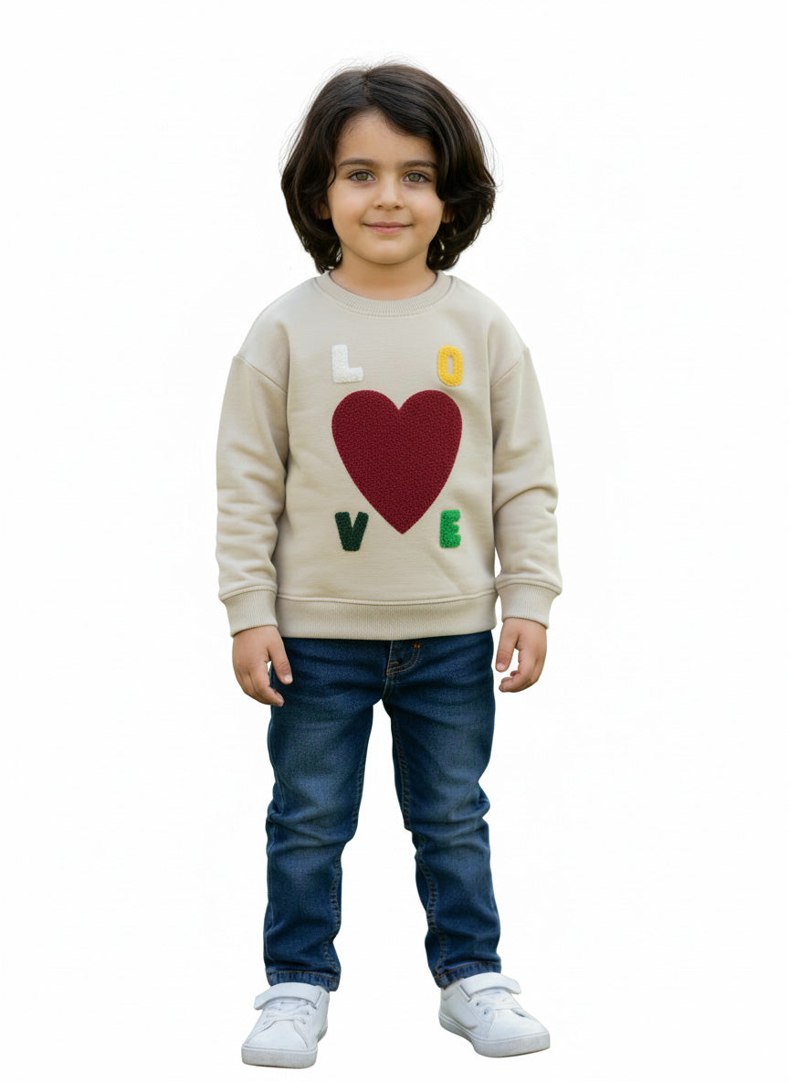 Kids “LOVE” Unisex Sweatshirt – Beige with Heart Patch