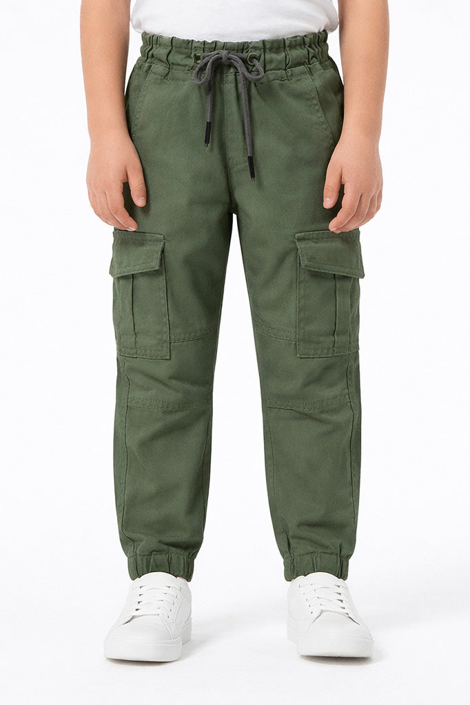 Kids Olive Green Cargo Jogger Pants | Drawstring Waist Utility Trousers