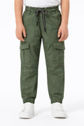 Kids Olive Green Cargo Jogger Pants | Drawstring Waist Utility Trousers