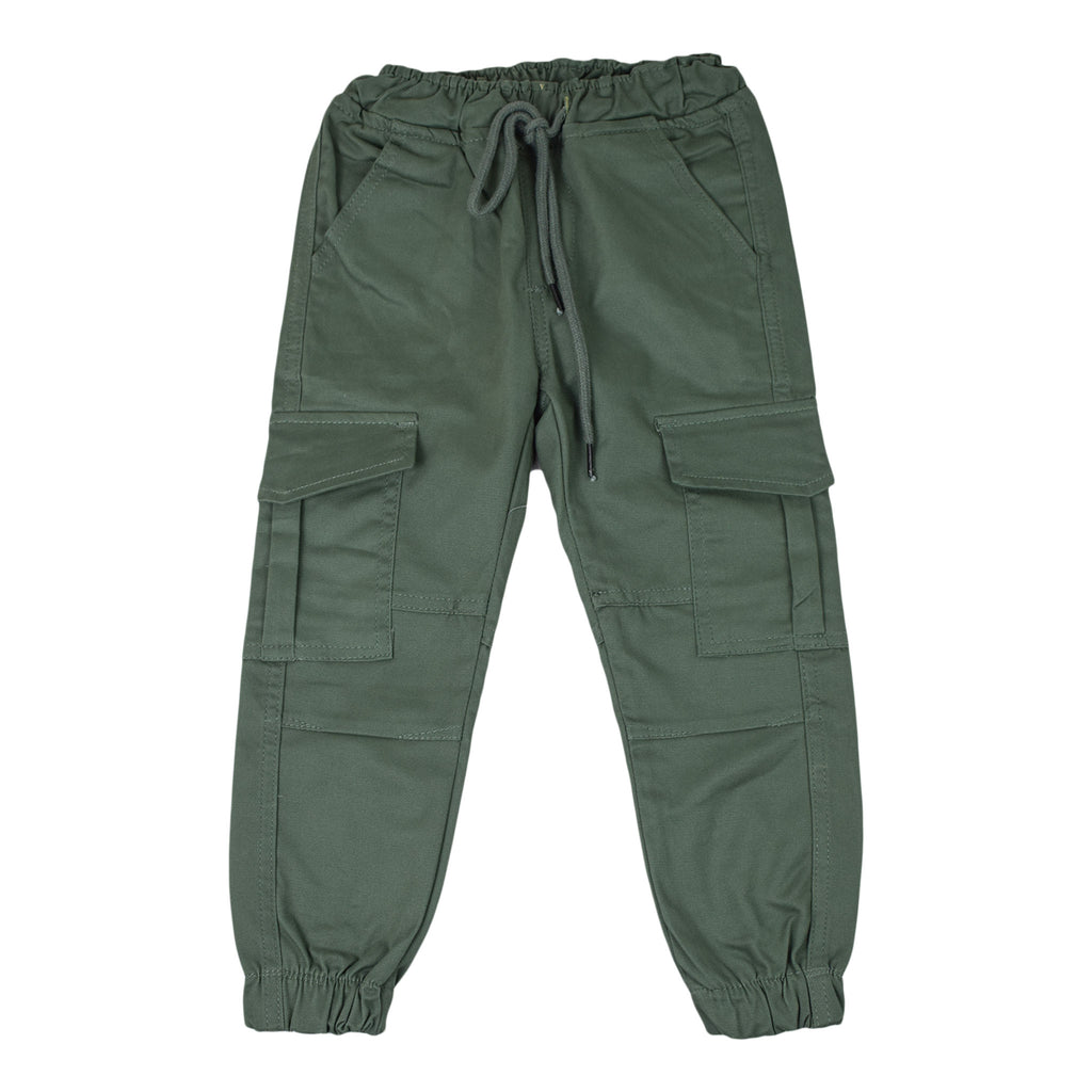 Kids Olive Green Cargo Jogger Pants | Drawstring Waist Utility Trousers
